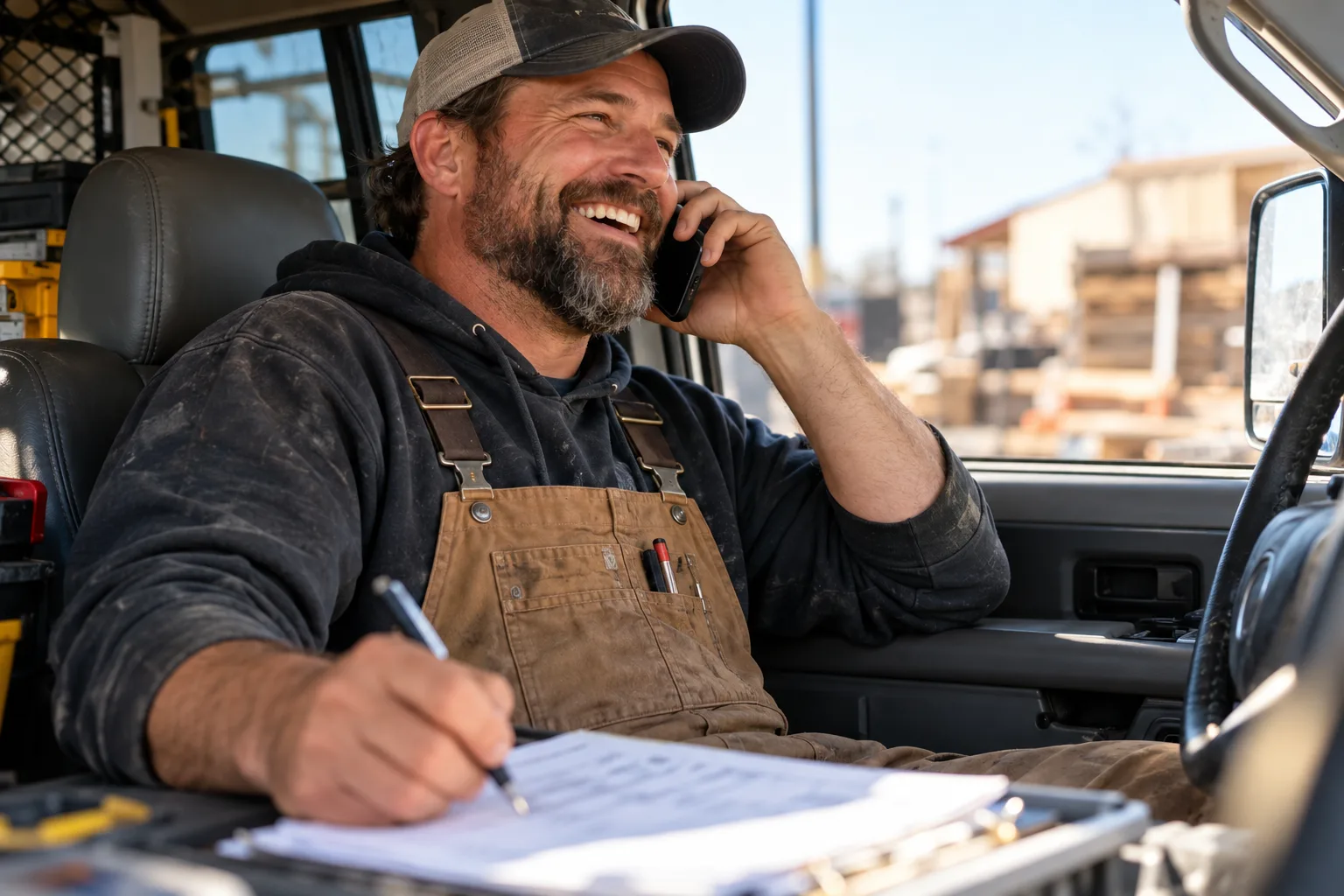 A tradesman in a truck taking notes on a job sheet.