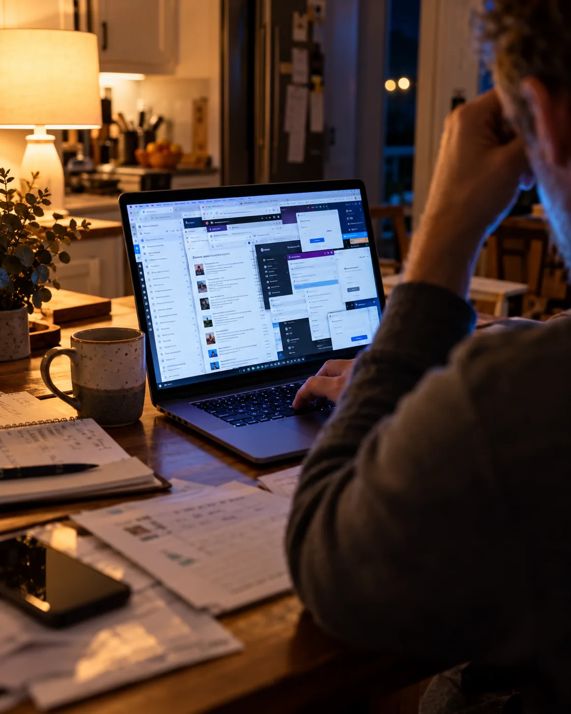 Over the shoulder of an owner at a laptop after hours, a stack of AI newsletters and tool logins open on screen.