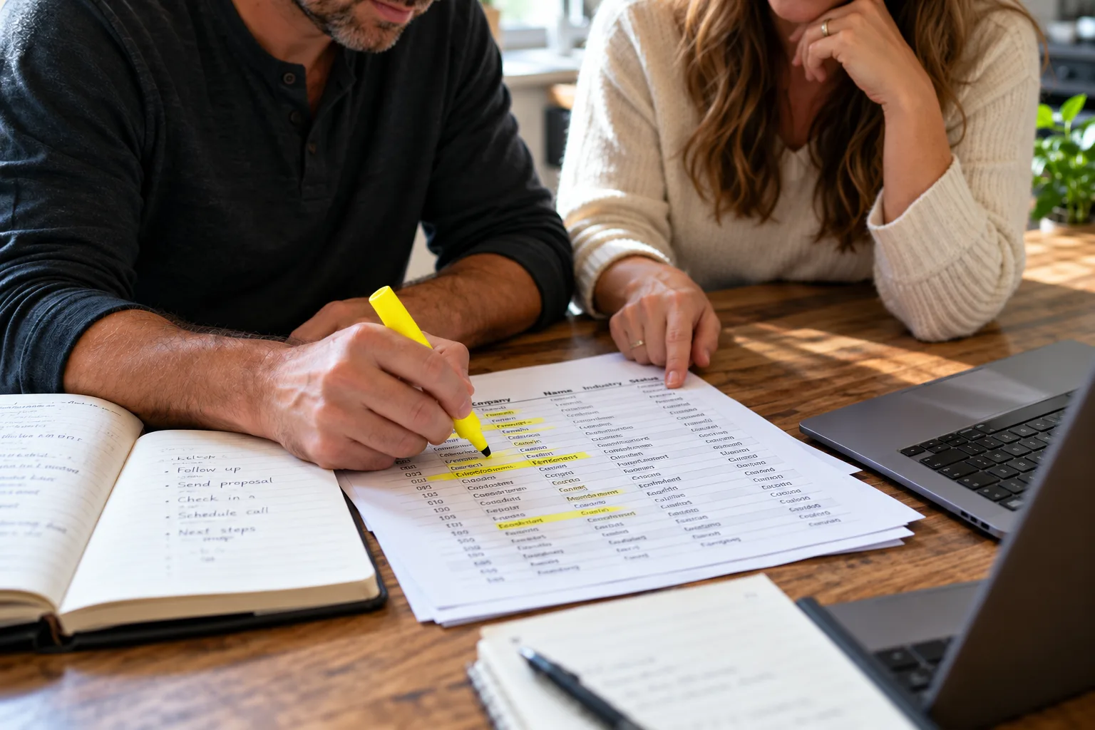 Two people at a table with a printed customer list, one highlighting rows with a yellow marker.