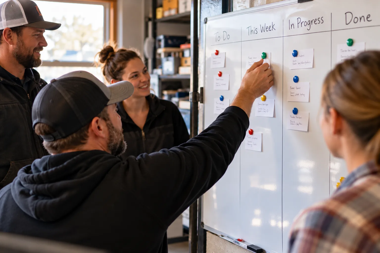 A small team planning the week together at a kanban board.