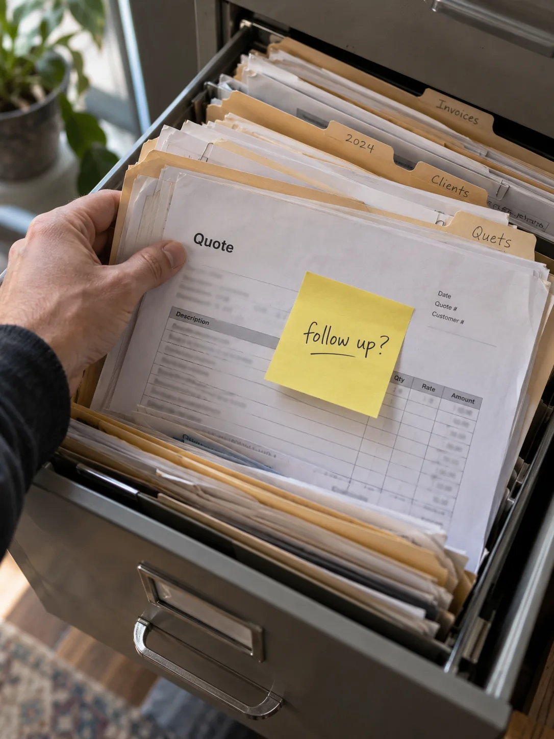 A hand pulling a thick folder of old printed quotes from a filing drawer, a sticky note on top reading follow up.