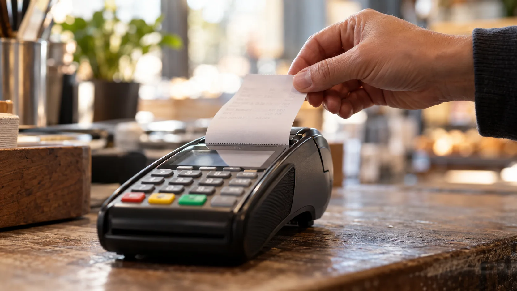 A hand tearing a printed receipt from a card terminal at a café counter.